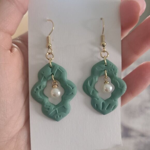 Beautiful Handcrafted Gold Plated Sage Green Pearl Clay Drop Dangle Earrings - Picture 3 of 4